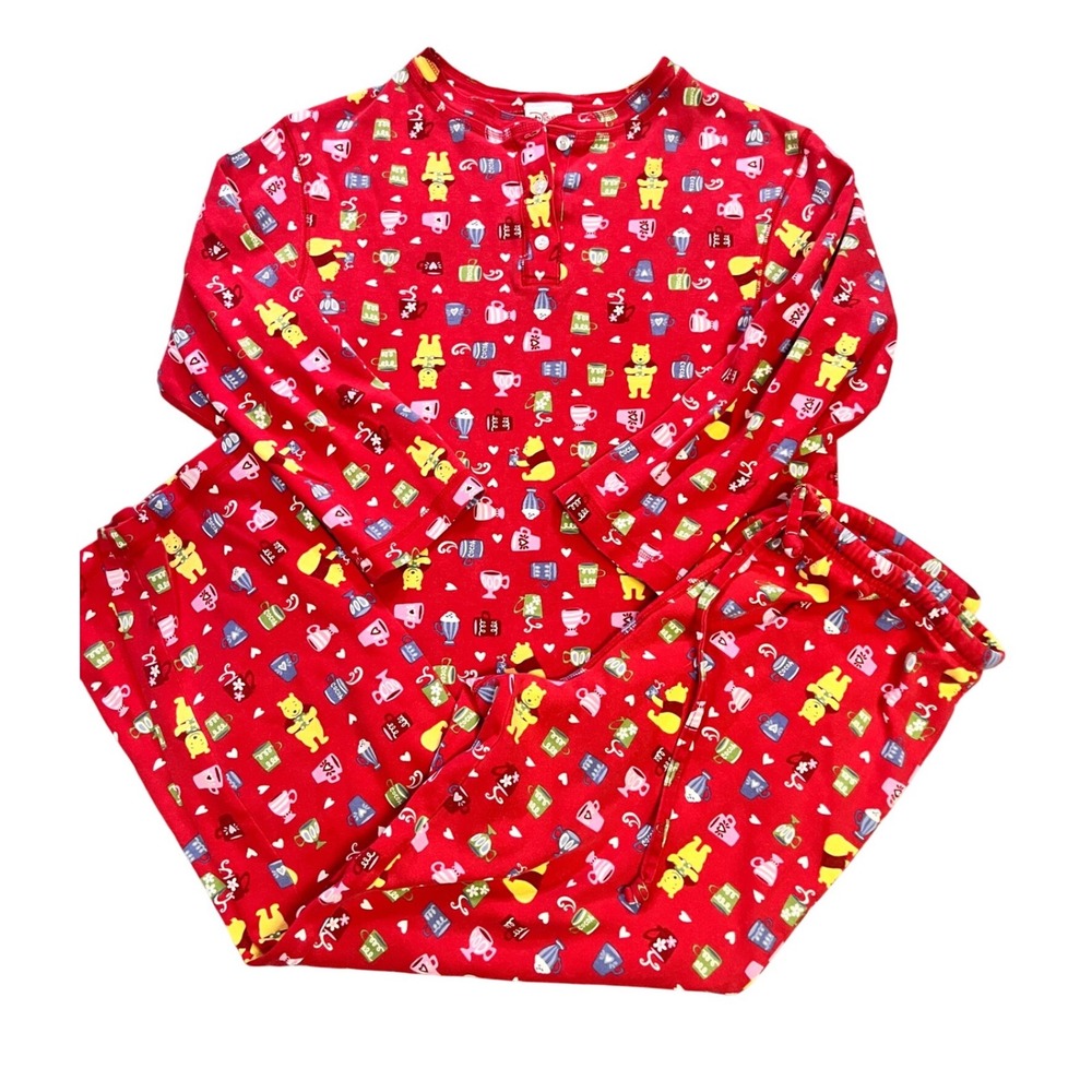 Disney Store Winnie the Pooh Vintage Pajama Set Red XS S Cocoa Cups Bears Sleep